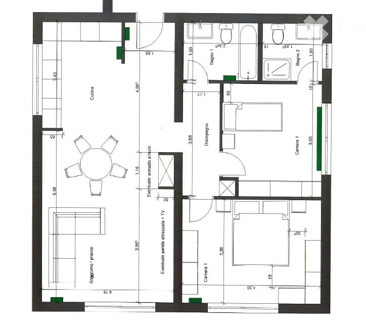Floor plan of a two-story house with living room, dining room, kitchen, two bedrooms, two bathrooms, and a balcony.