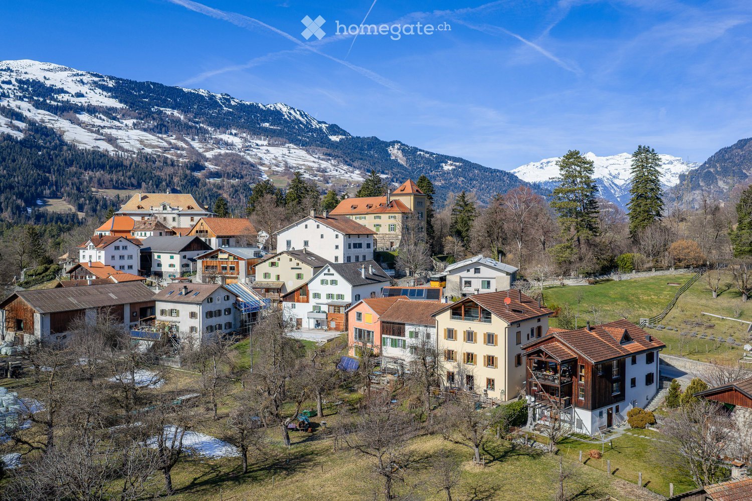A picturesque village nestled in a mountainous region, featuring a cluster of traditional houses with varied roof styles and colors, surrounded by snow-capped mountains and lush greenery.