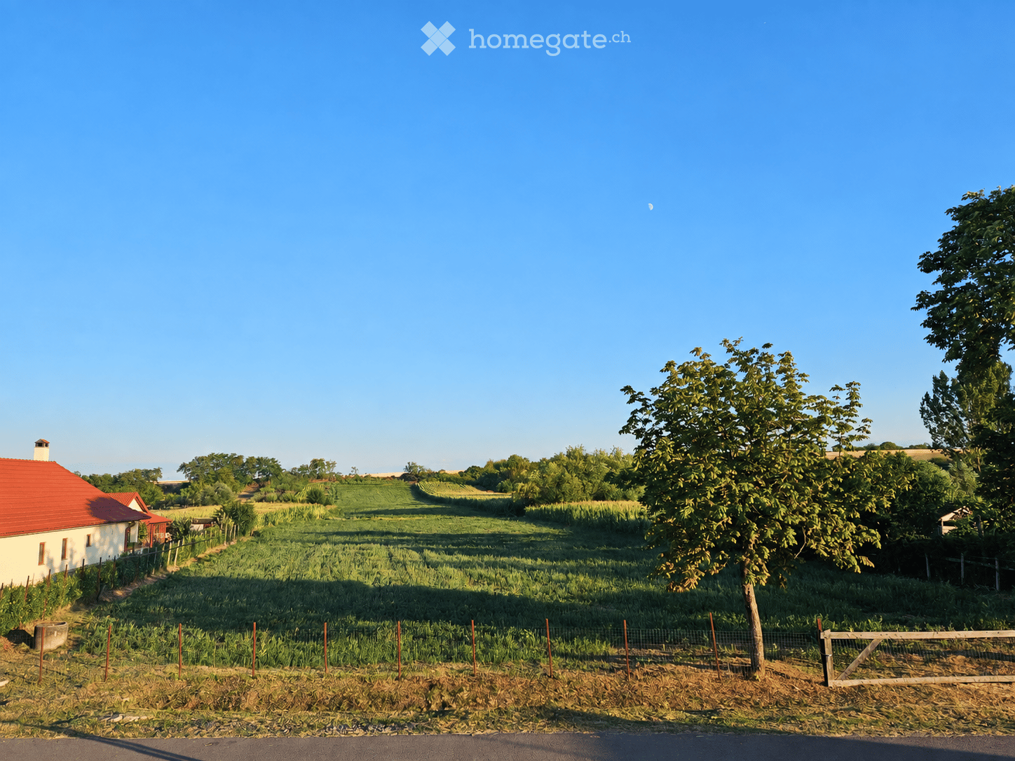 Rural landscape with a small house, red-tiled roof, surrounded by fields and trees under a clear blue sky.