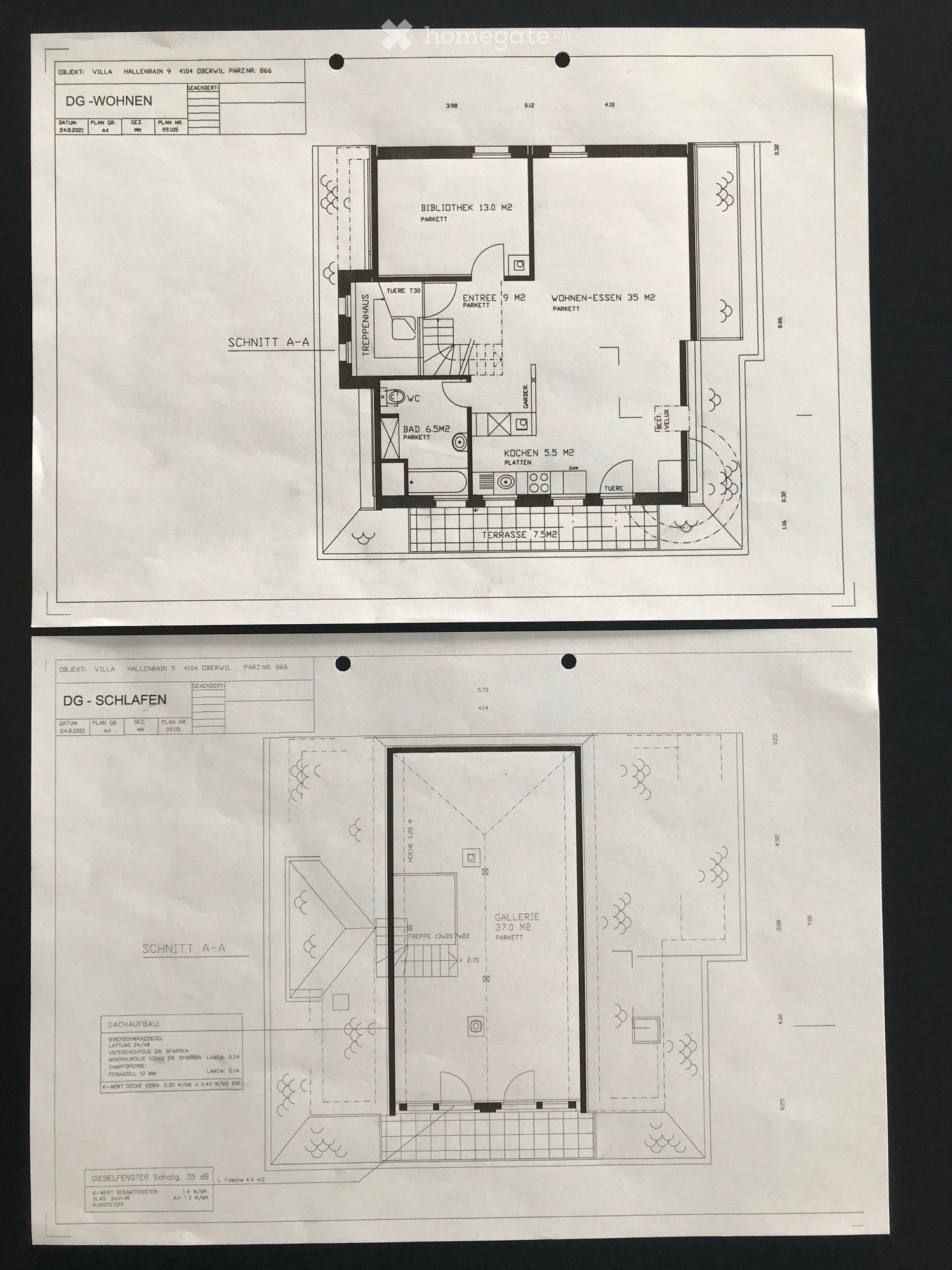 Floor plan of a villa showing two levels: top floor with living-dining area, kitchen, bathroom, library, and terrace; bottom floor with bedroom, gallery, and additional spaces.