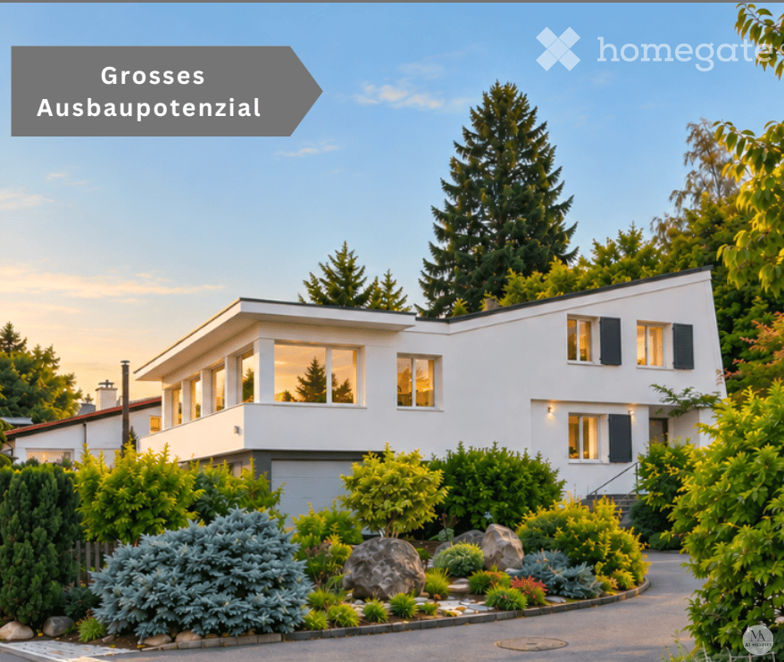 Modern white house with large windows, surrounded by greenery and shrubs.