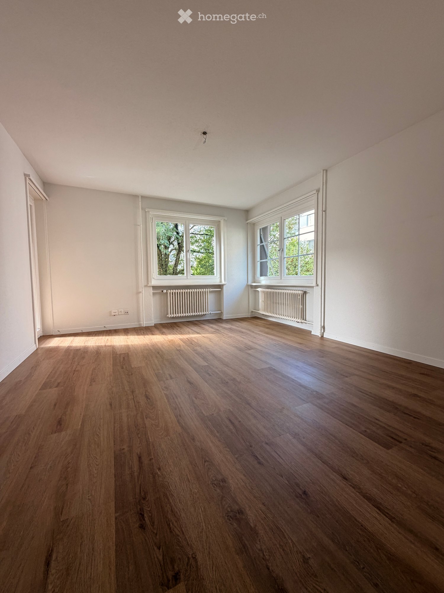 Empty room with wooden flooring, white walls, and large windows with radiators beneath them.