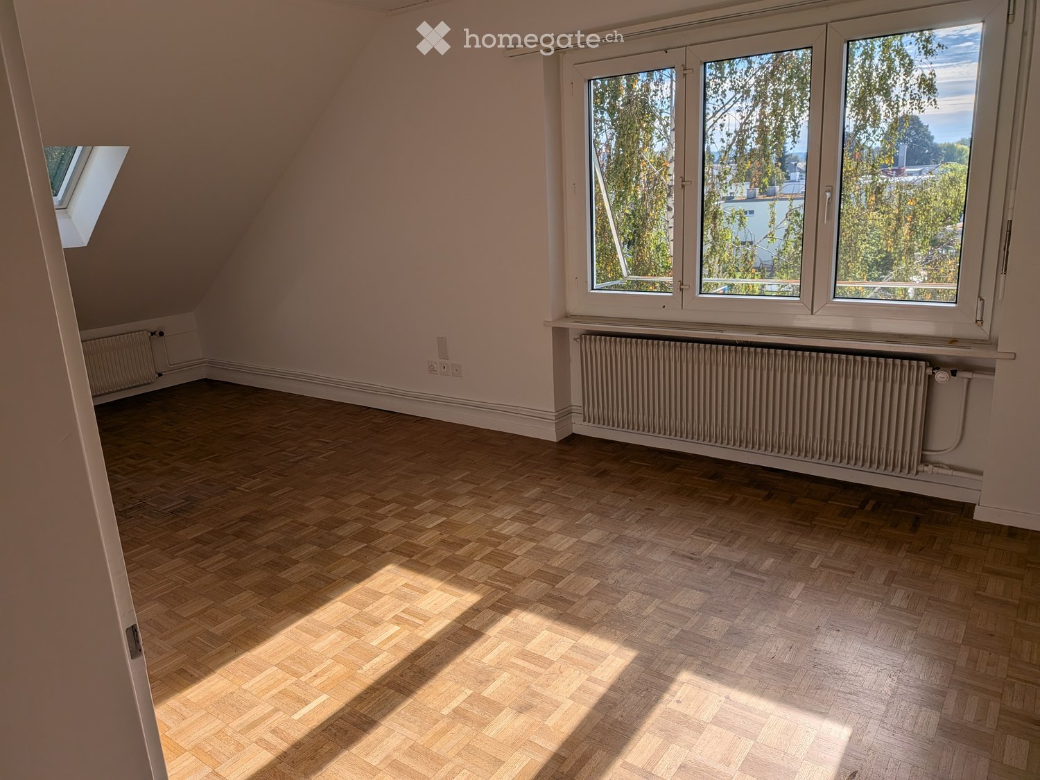 Empty attic room with wooden herringbone flooring, large windows, radiators, and a skylight.