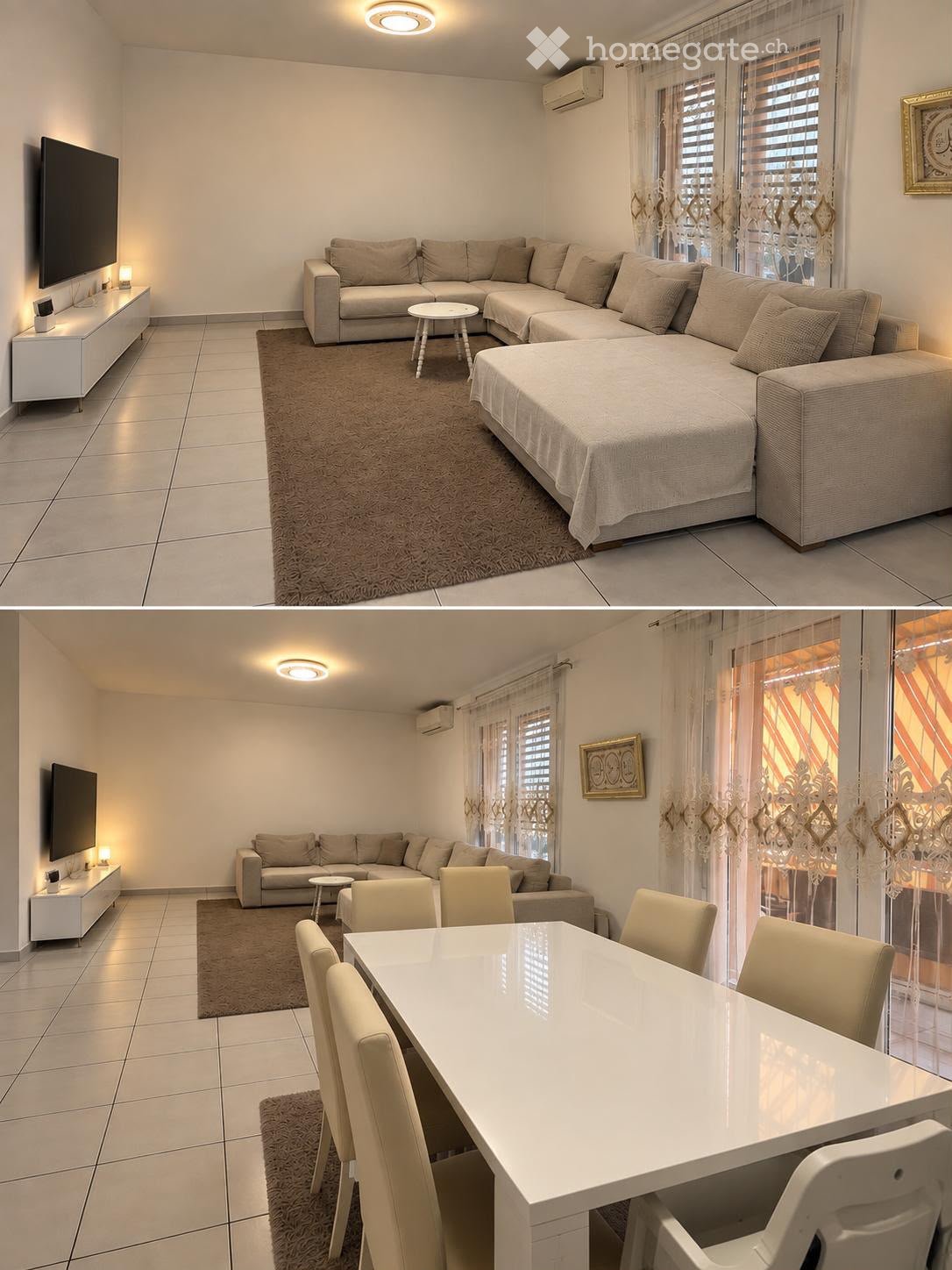 Modern living and dining area with a large sectional sofa, coffee table, dining table with chairs, television, sideboard, and floor lamp.