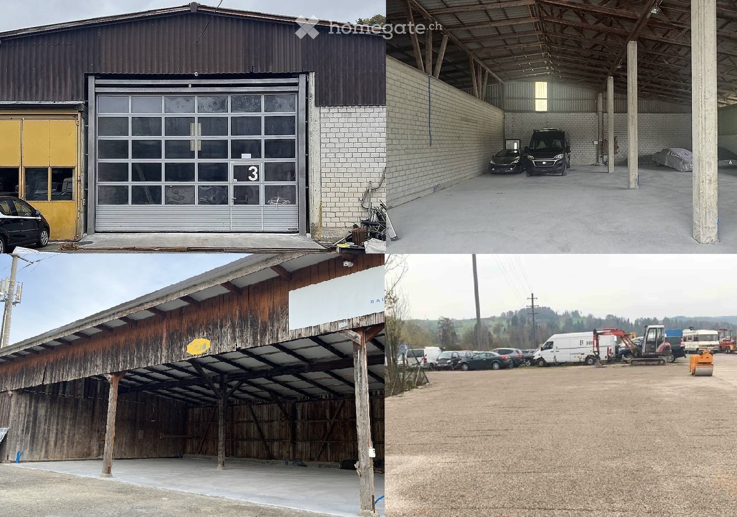 Four images showing a large industrial-style building with a garage door, a spacious interior garage area with vehicles, and an outdoor parking lot with various vehicles and equipment.