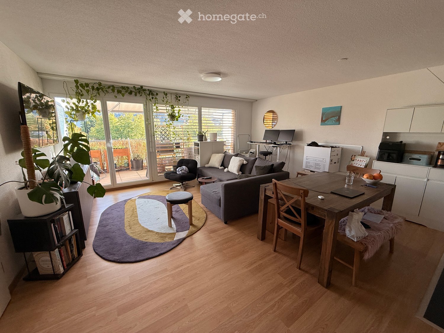 Modern living room with wooden flooring, large windows, a sofa, a coffee table, a dining table, and a bookshelf.