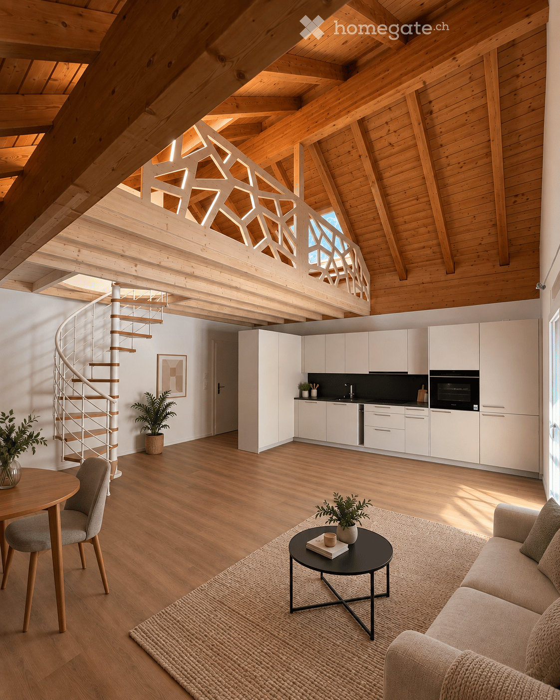 Open-plan living and dining area with a modern kitchen, featuring a spiral staircase, wooden ceiling beams, and large windows allowing natural light.