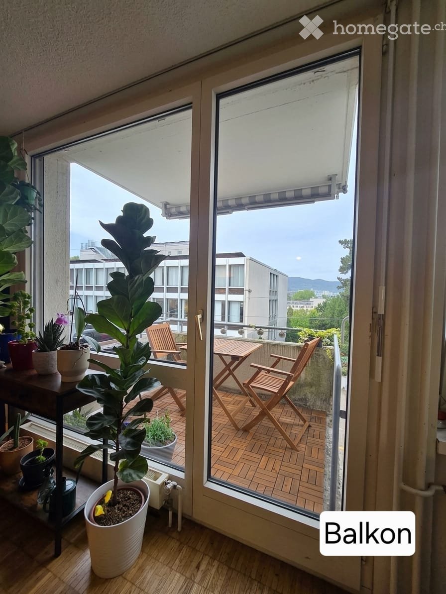Balcony with wooden floor, table, chairs, and several potted plants, offering a view of the city and mountains.