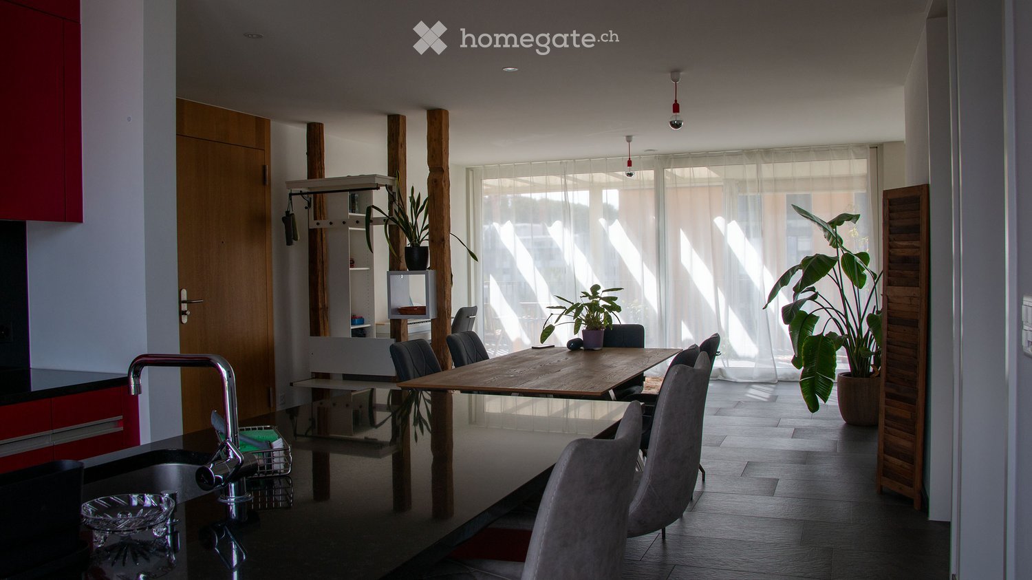 Open-plan living and dining area with a wooden dining table, chairs, a sink with a modern faucet, red cabinets, and potted plants near large windows.
