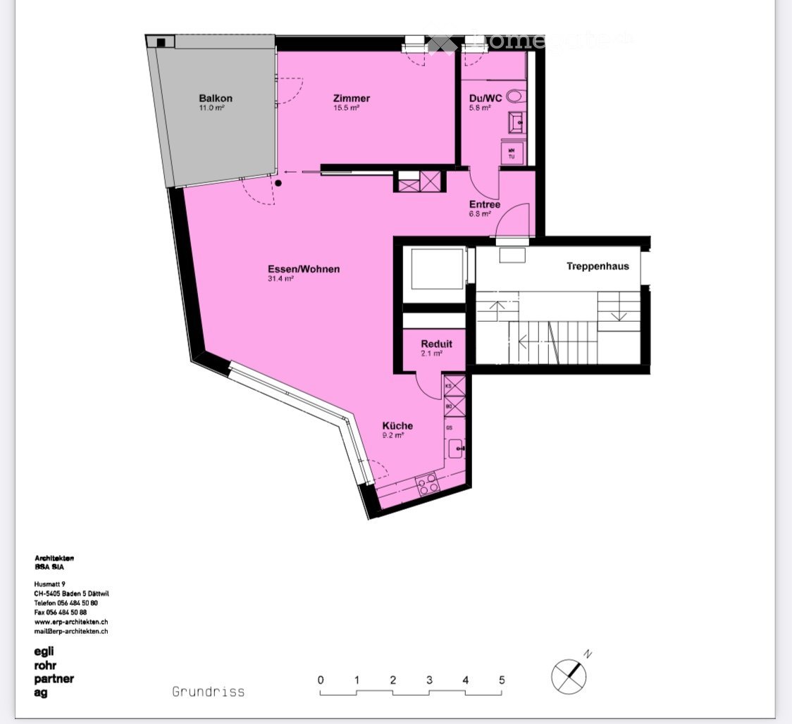 Floor plan showing a living/dining area, kitchen, bedroom, bathroom, entrance, staircase, and balcony.