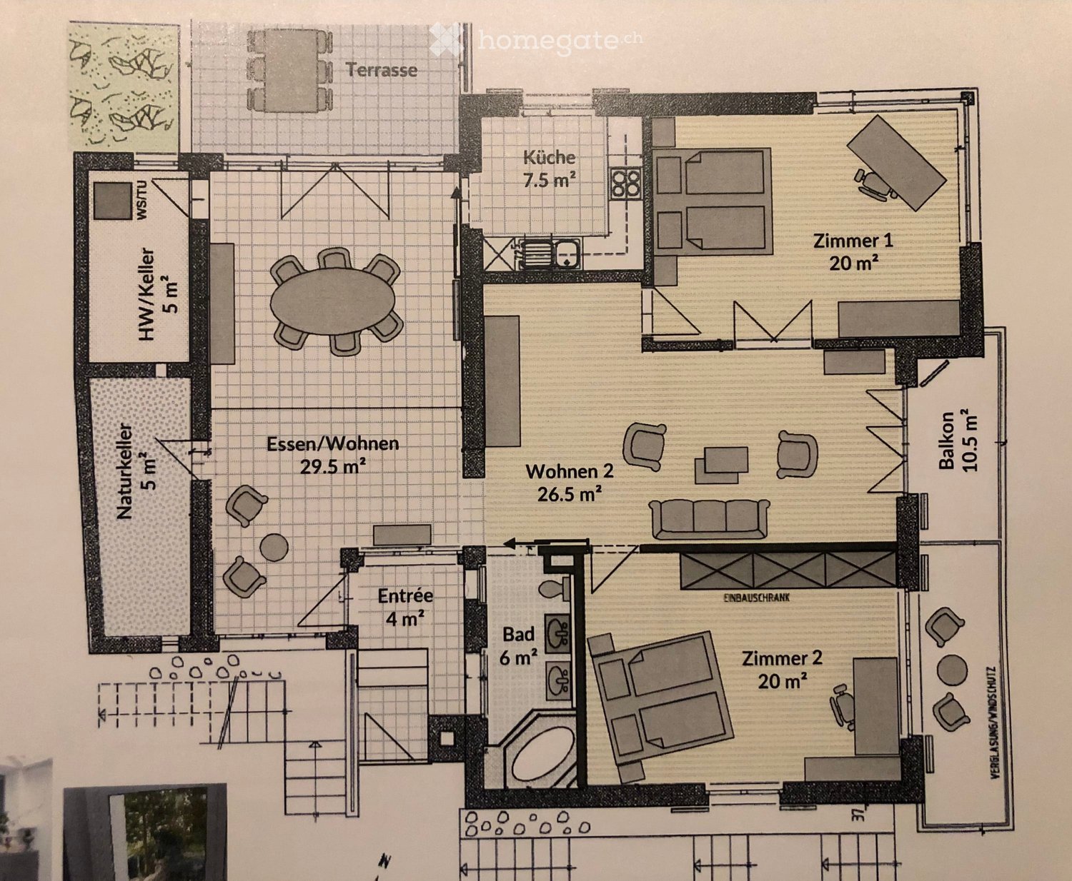 Floor plan showing a multi-room layout including a kitchen, living/dining area, two bedrooms, a bathroom, entrance, and a balcony.