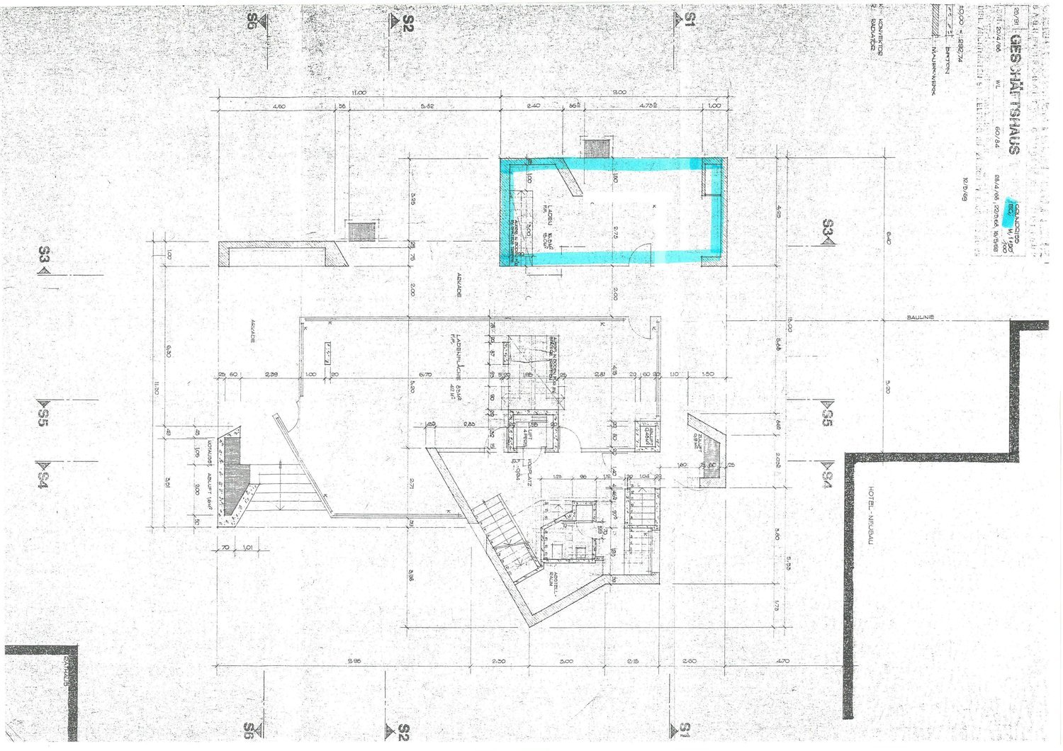 Floor plan of a commercial building, including a reception area, offices, and a kitchen. Dimensions and room labels are indicated.