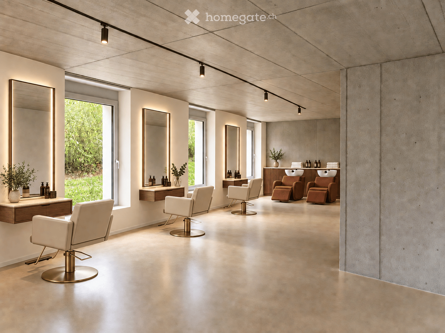 Modern, minimalist salon with white and beige chairs, large mirrors, wooden tables, and decorative bottles.