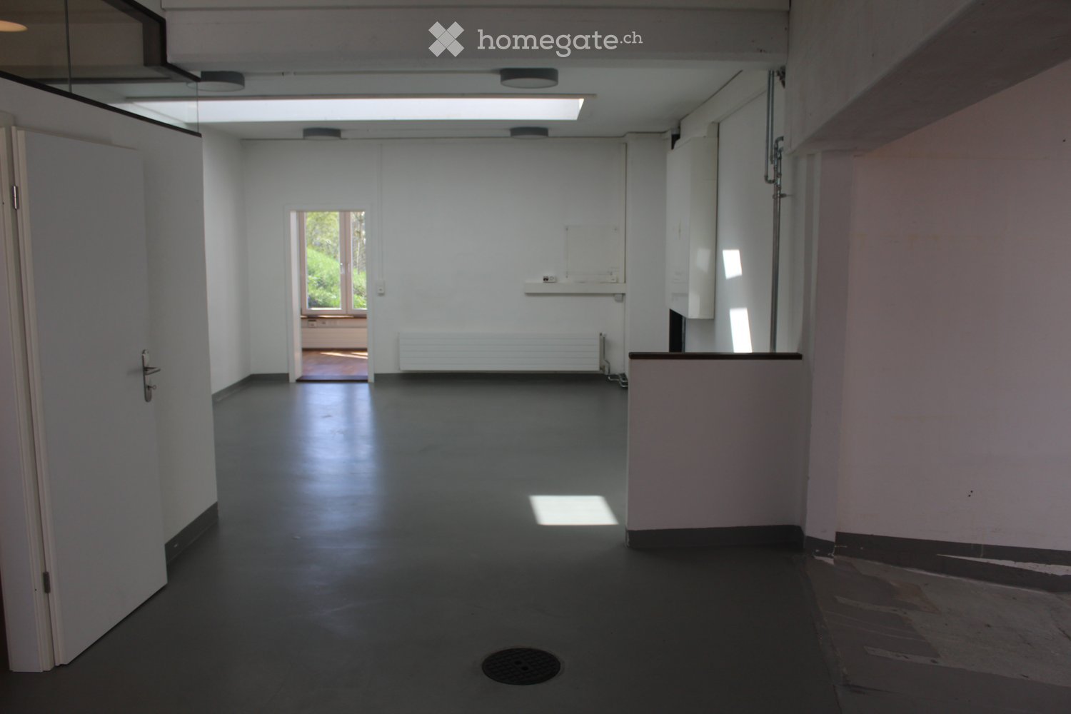 Empty hallway with white walls, dark floor, and a door leading to another room. Natural light streams in from a window at the end of the corridor.