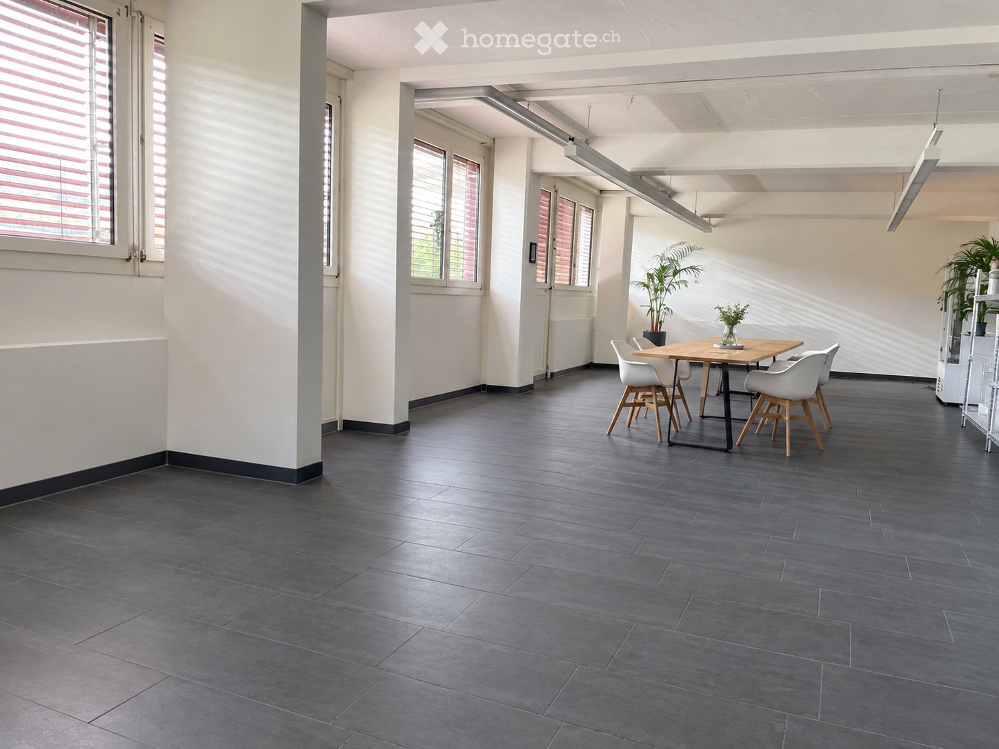Bright, open room with grey tiled flooring, white walls, and large windows with blinds. Includes a wooden dining table with four white chairs, a potted plant, and a shelving unit with additional plants.