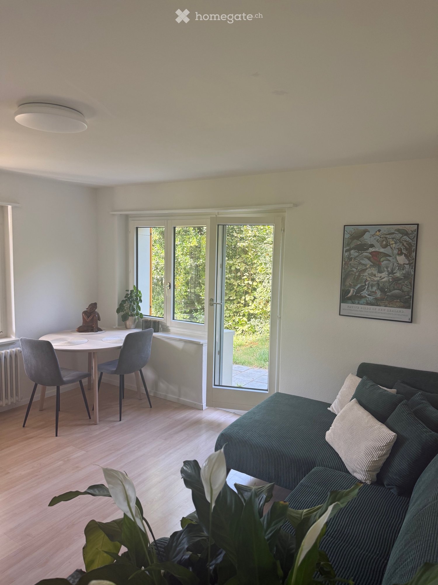 Modern living room with a dark green sofa, wooden table, chairs, and a large window with a view of greenery. Includes a plant and a decorative picture frame on the wall.