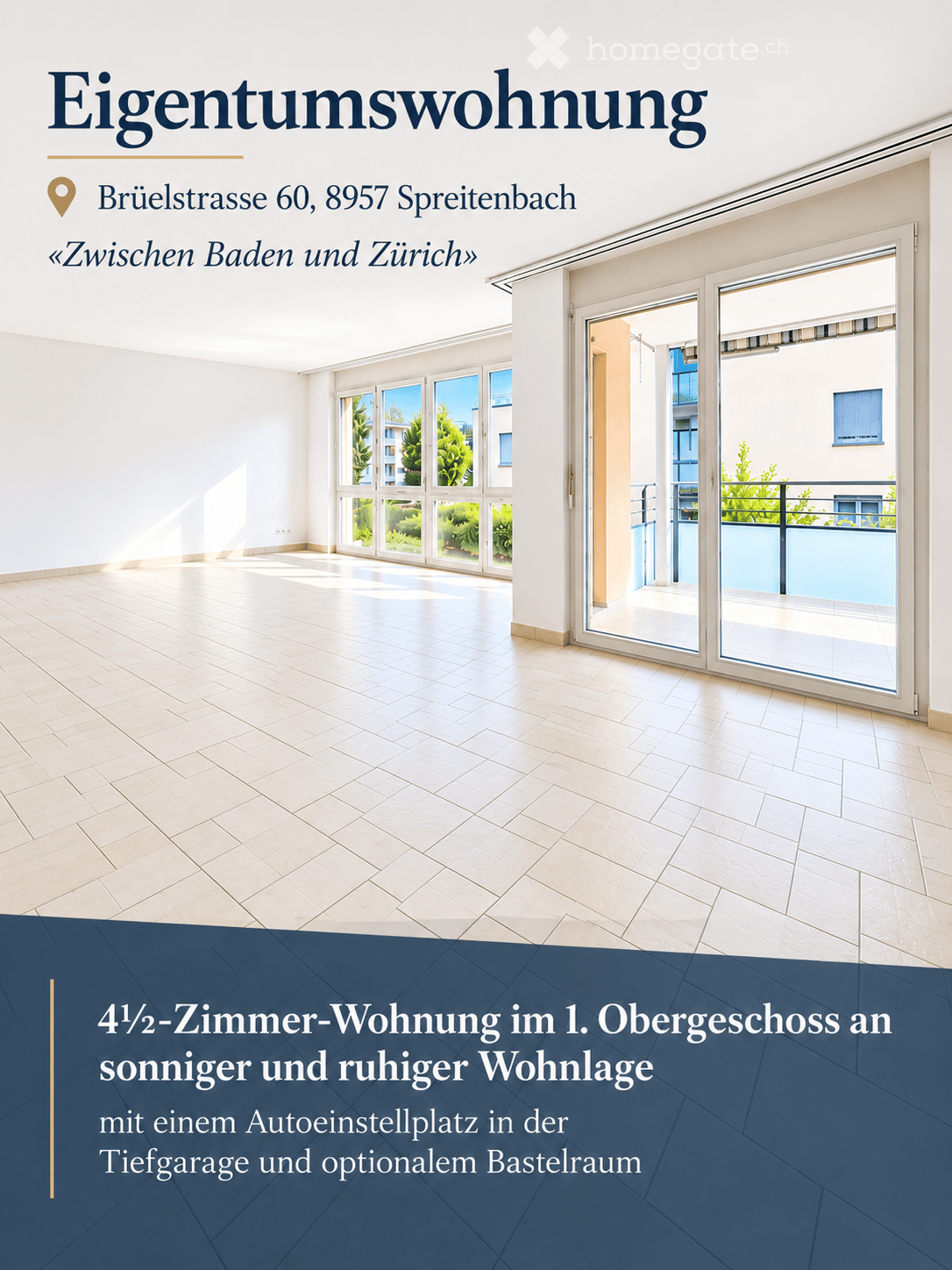 Empty room with light-colored tiled flooring, large windows, and sliding glass doors leading to a balcony area.