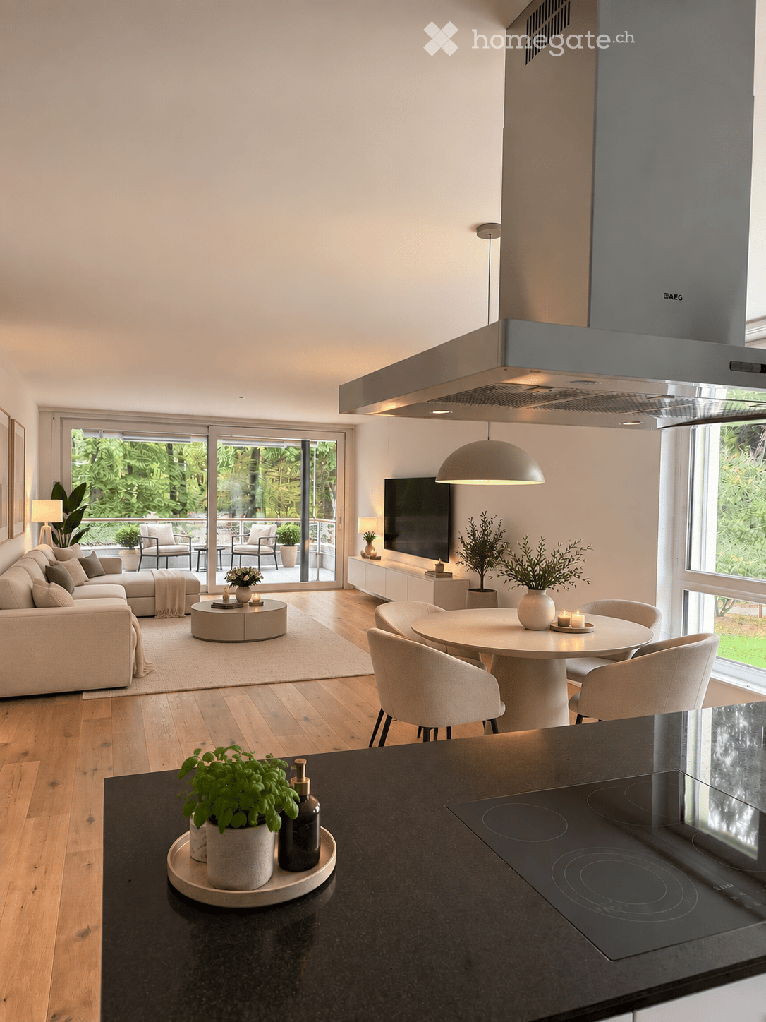 Modern open-plan living and dining area with a sofa, coffee table, dining table with chairs, TV, pendant light, and kitchen island with induction cooktop. Large windows offer a view of greenery outside.