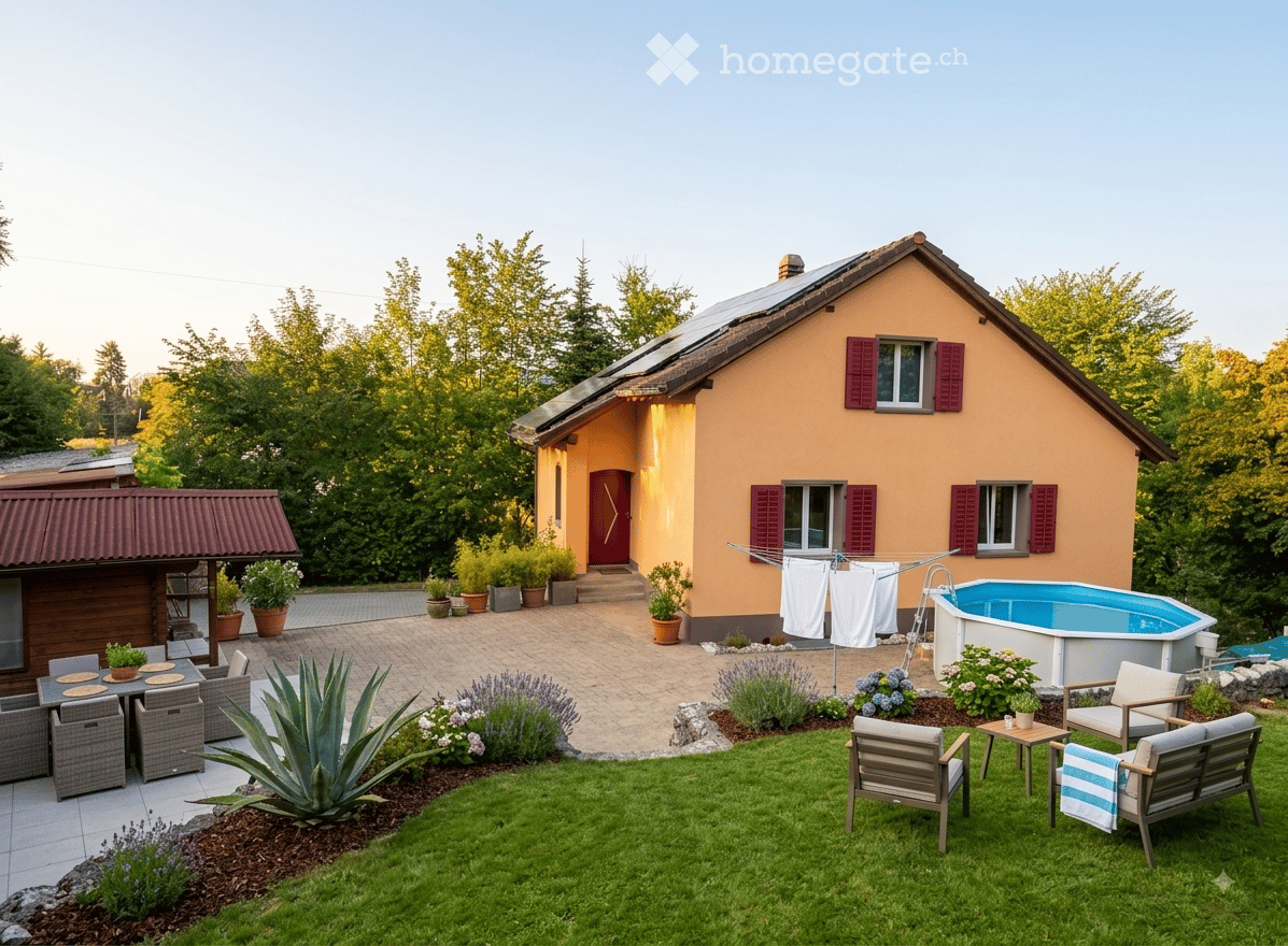 A well-maintained garden area with a swimming pool, outdoor furniture, and a cozy seating area, surrounded by greenery and a small house with a red-tiled roof and shutters.