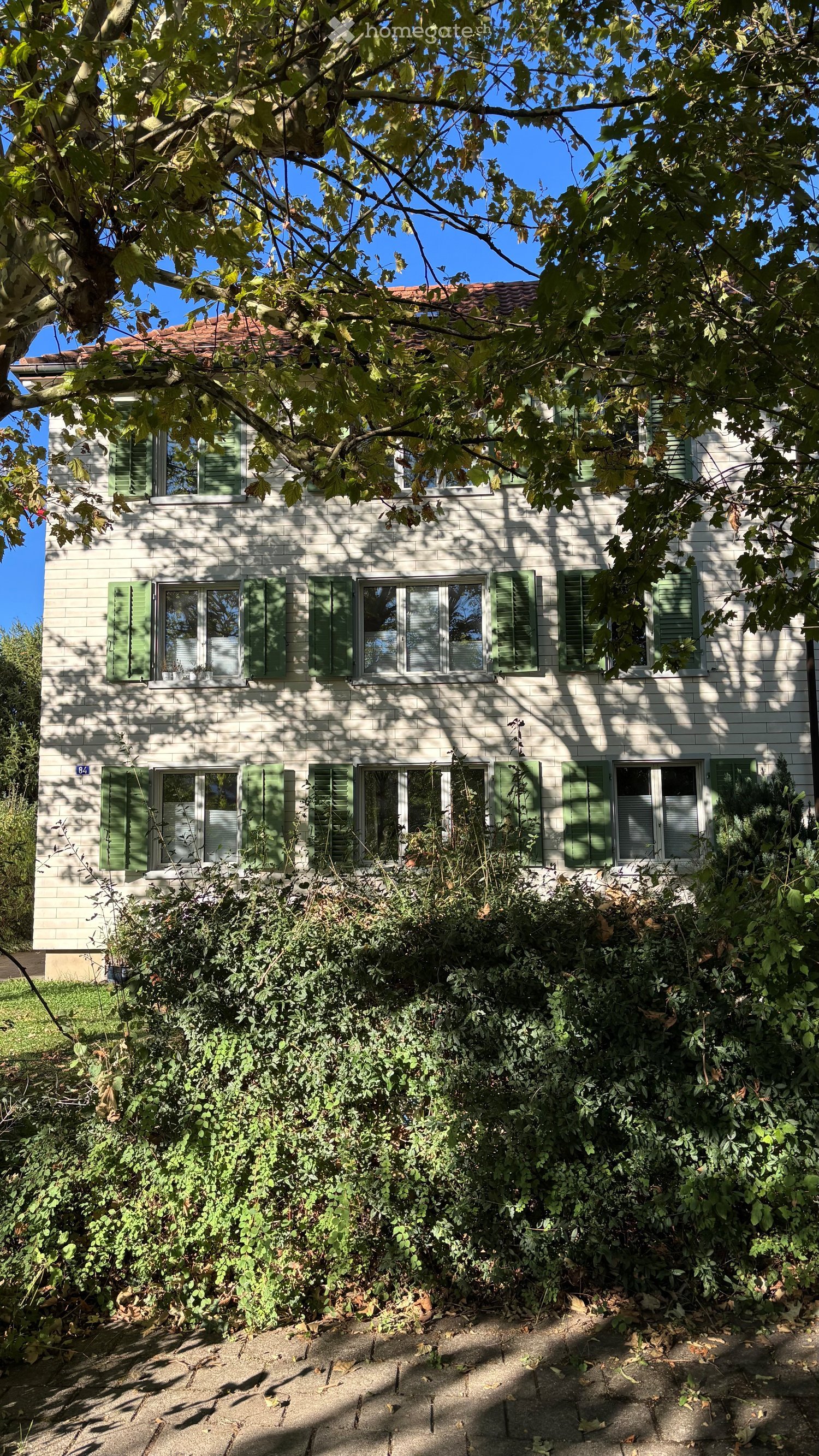 Two-story house with light gray siding, green shutters, multiple windows, and a red-tiled roof partially obscured by trees.