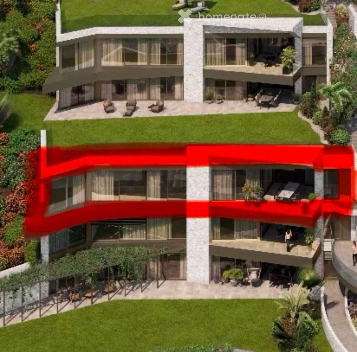 Modern multi-story house with large windows, balconies, and outdoor seating areas. The house features a contemporary design with clean lines and a mix of stone and glass materials.