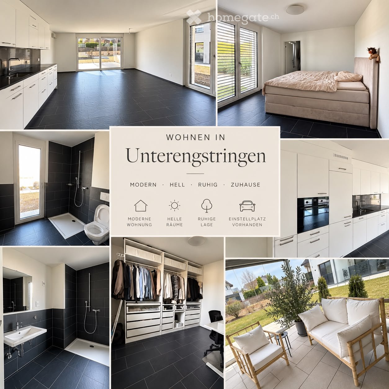 Collage of modern home interiors including a kitchen, bedroom, bathroom, closet, and living area, with large windows and contemporary design elements.