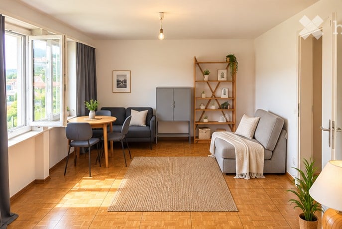 Bright, open-plan living and dining area with wooden flooring, large windows, a grey sofa, a dining table with chairs, a shelf with decorative items, and plants.