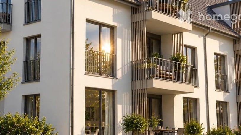Modern multi-story apartment building with white facade, large windows, and balconies with railings and potted plants.
