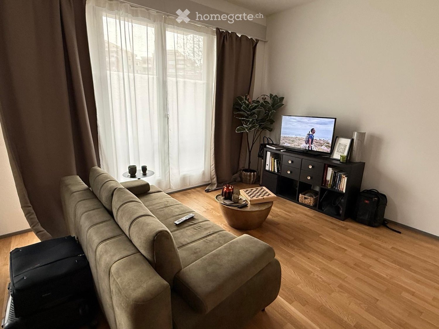 Modern living room with a grey sectional sofa, coffee table, television, bookshelf, and a potted plant near the window.
