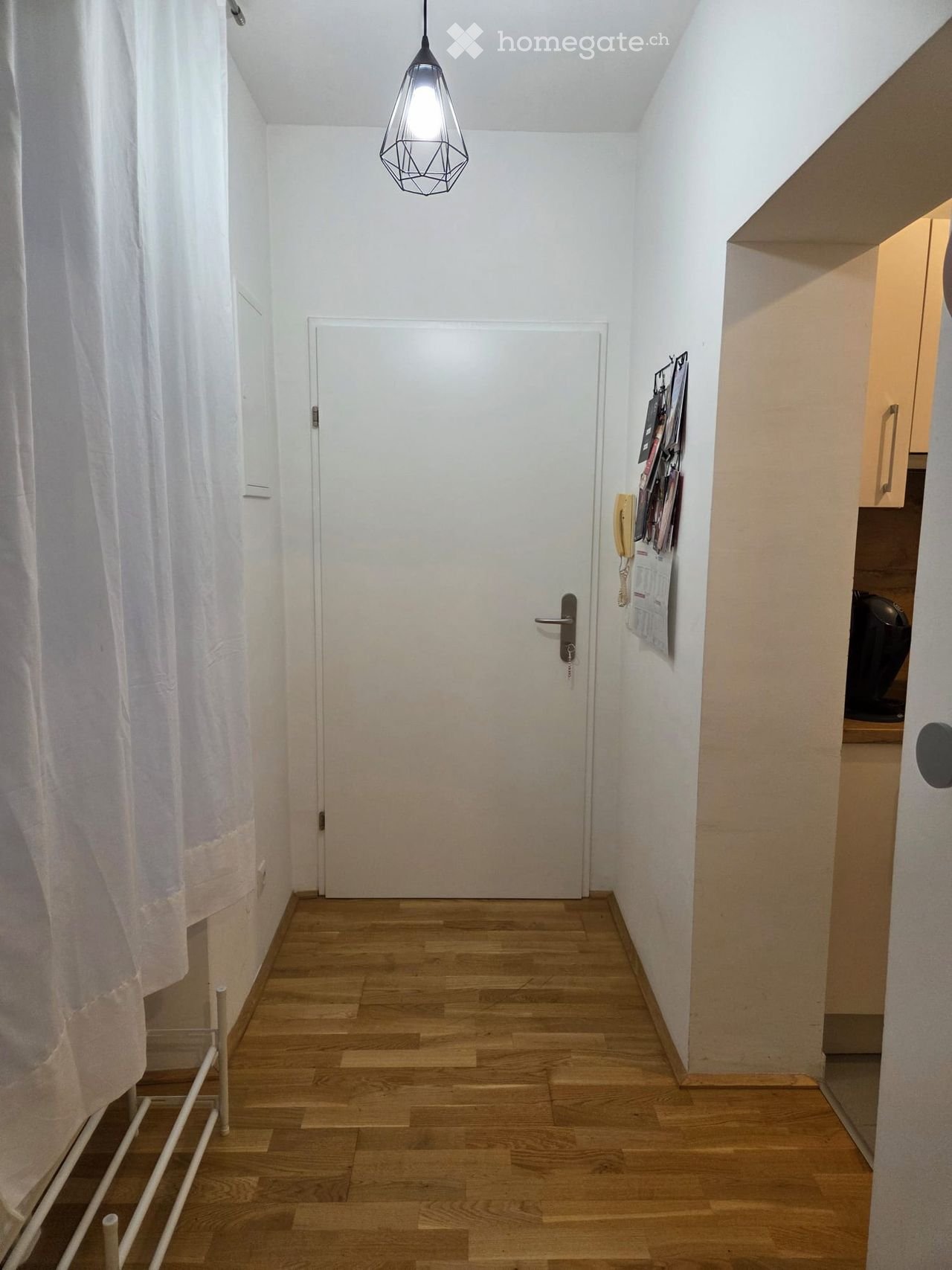 A narrow hallway with wooden flooring, white walls, and a closed door at the end. A hanging light fixture is visible, and a curtain is on the left side.