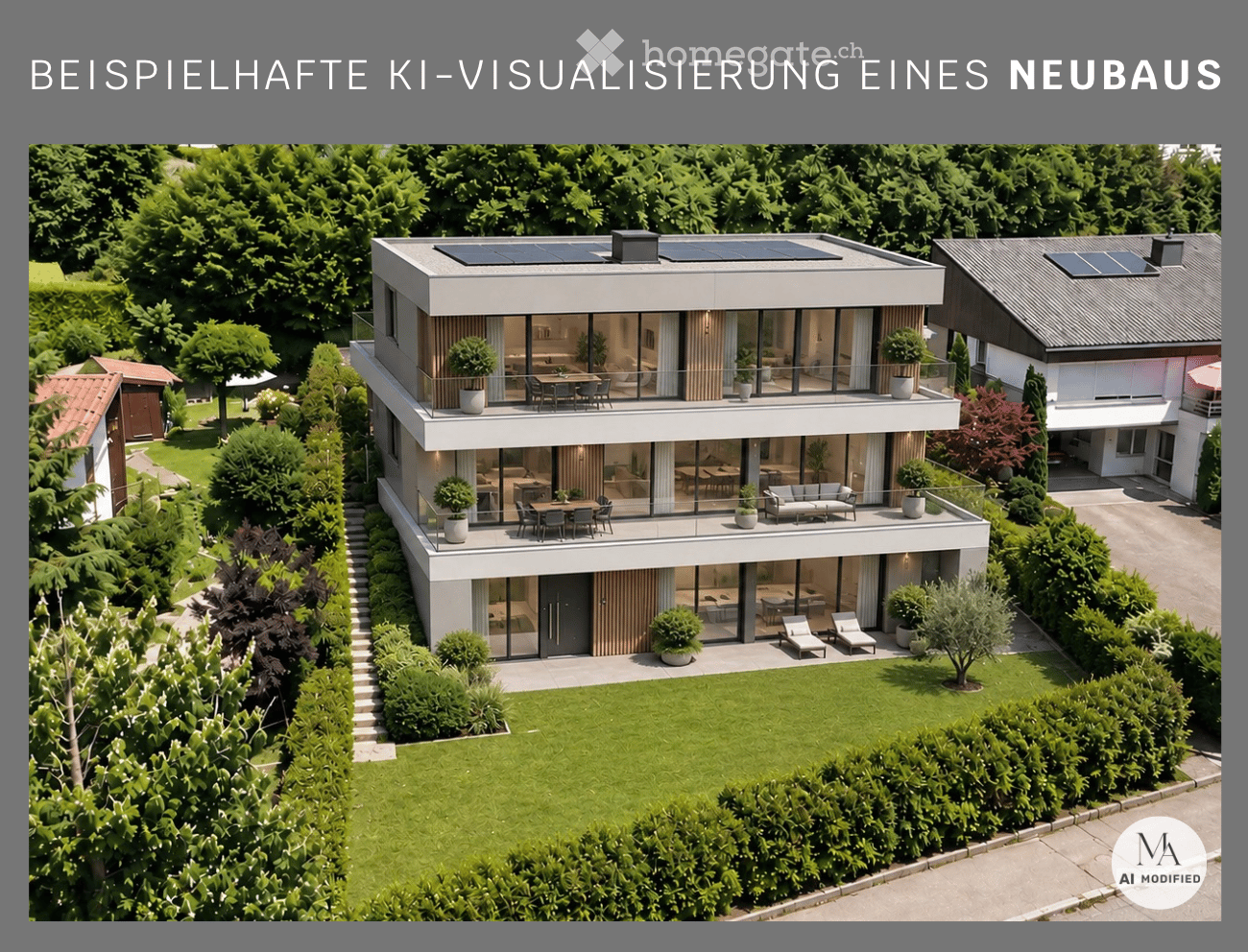 A modern two-story house with large glass windows, balconies, and a well-maintained garden. The house features solar panels on the roof and is surrounded by lush greenery.