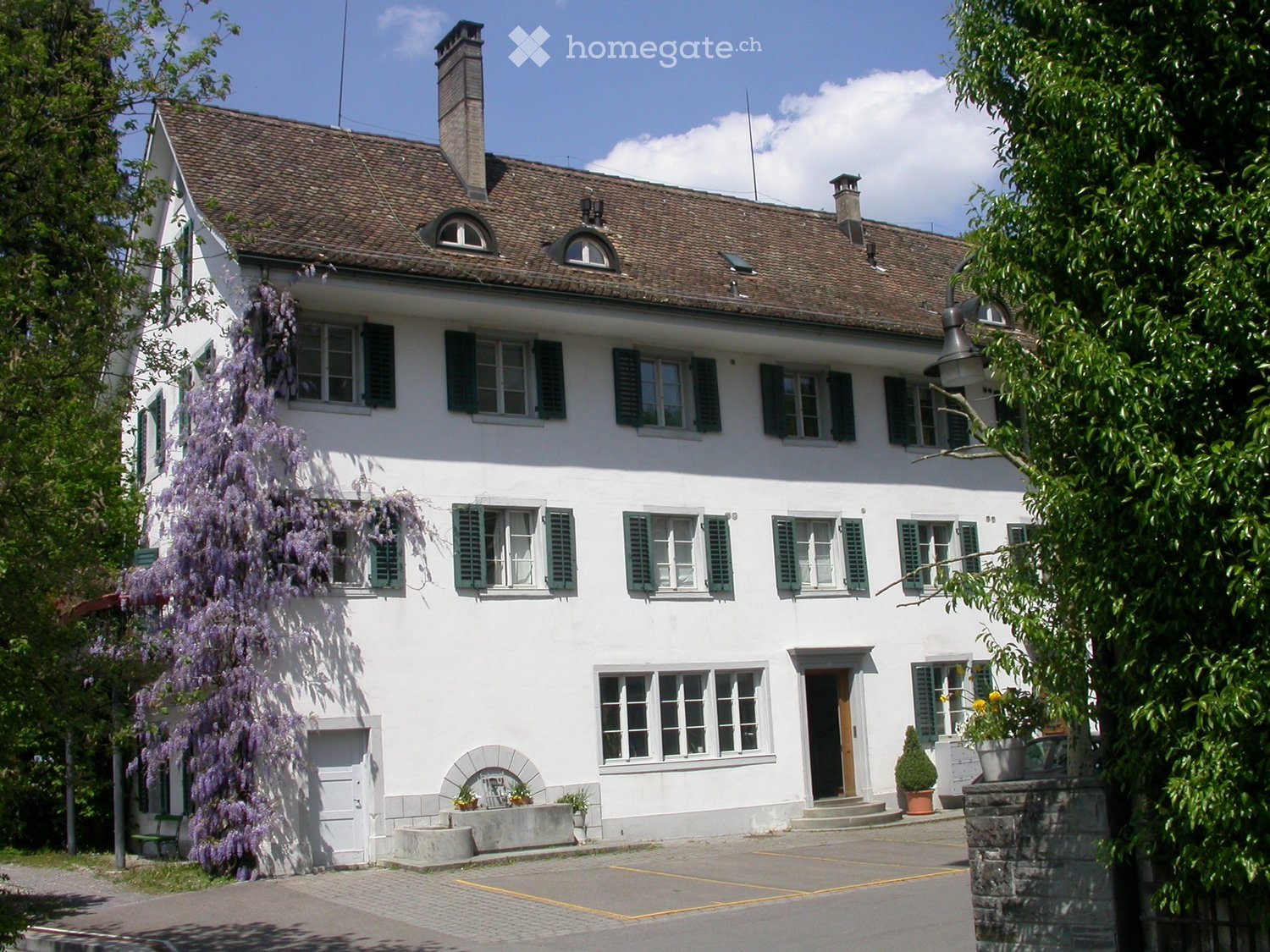 Two-story white house with green shutters, multiple windows, a chimney, and a large wisteria vine on the left side.