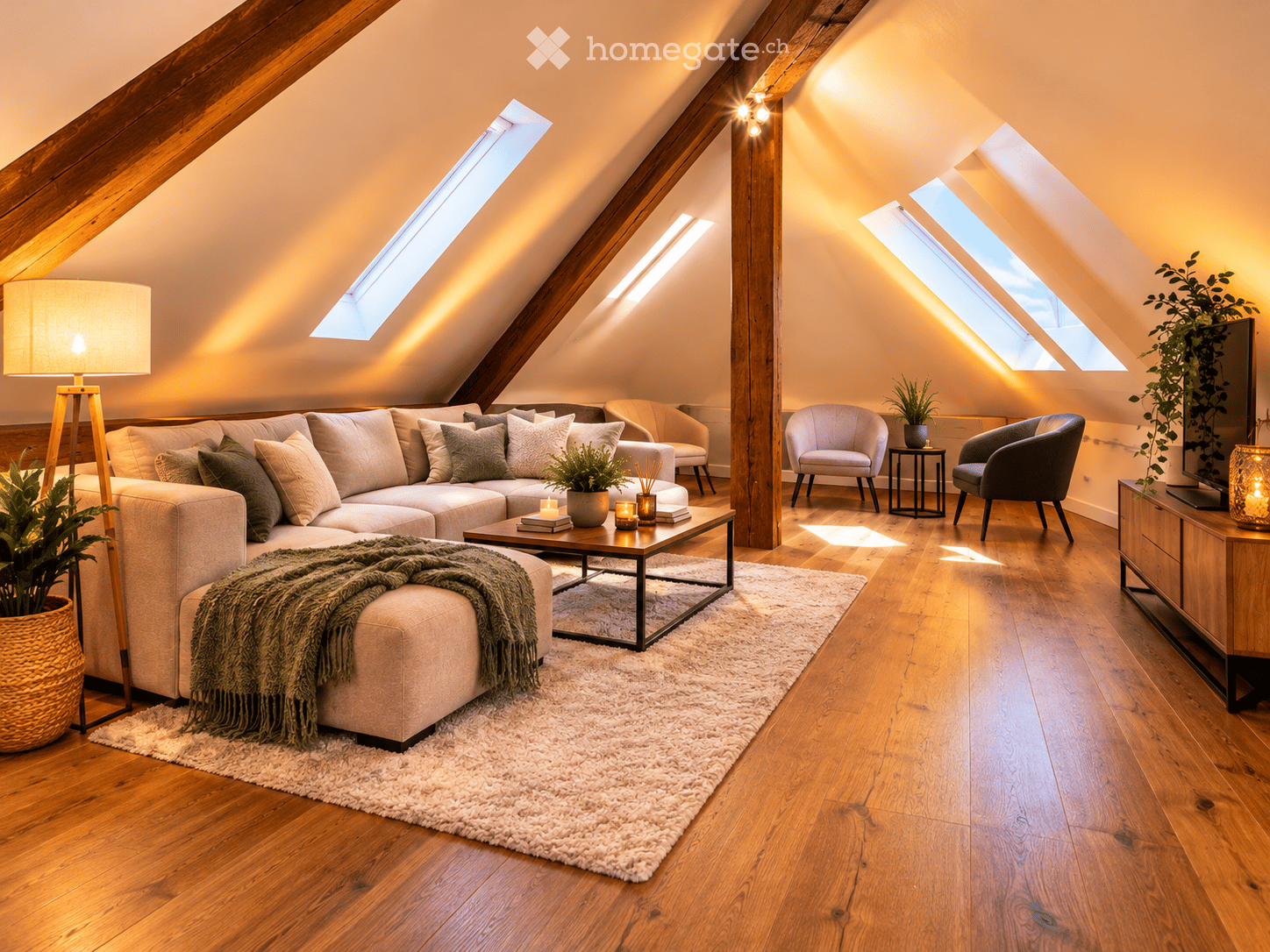 Bright, airy living room with wooden beams and skylights, featuring a large sectional sofa, coffee table, armchairs, side tables, floor lamp, and potted plants.