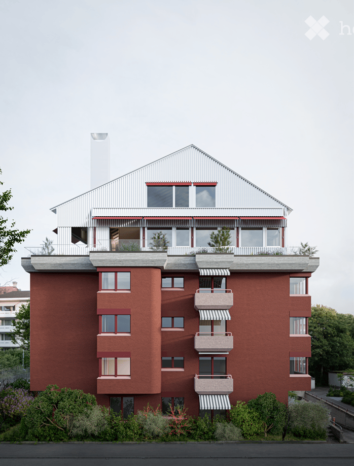 Modern multi-story building with red brick facade, white trim, multiple balconies, and a rooftop terrace with greenery.