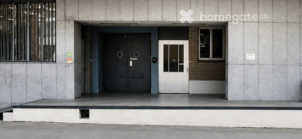 Modern building entrance with a raised ground floor, featuring a large grey door, a smaller white door, and a small window to the right.