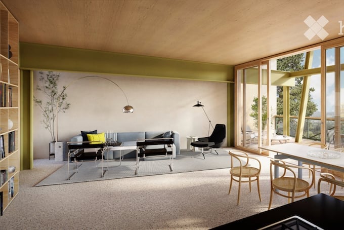 Modern living room with large windows offering a scenic view, featuring a grey sofa, coffee table, chairs, floor lamp, and a bookcase.