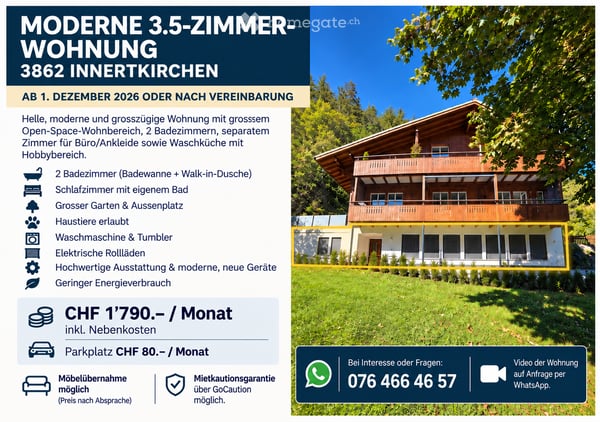 Moderne und helle 3.5-Zimmer-Wohnung in 3862 Innertkirchen, ab 1. Dezember 2026