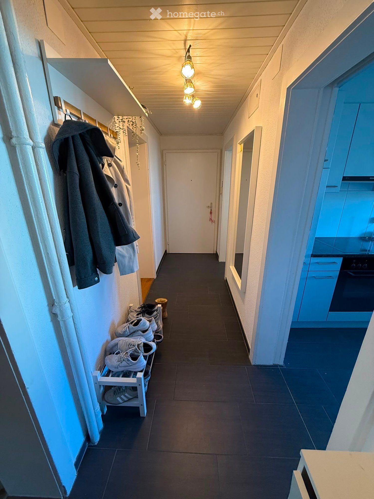 A narrow hallway with dark tiled flooring, white walls, and a ceiling light fixture. A coat rack with jackets and a shoe rack with multiple pairs of shoes are visible on the left side. A closed door is at the end of the hallway, and a glimpse of a kitchen