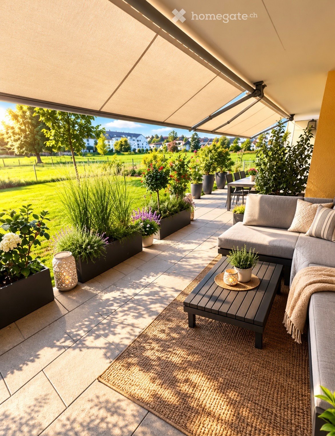 Balcony with a grey sofa, coffee table, dining table, chairs, potted plants, and a candle on a small table.
