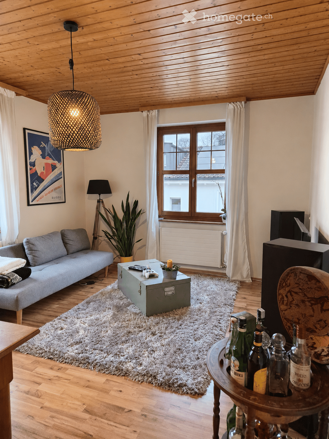 Cozy living room with wooden floors, a grey sofa, a coffee table, a large shaggy rug, a pendant light, and a plant near the window.