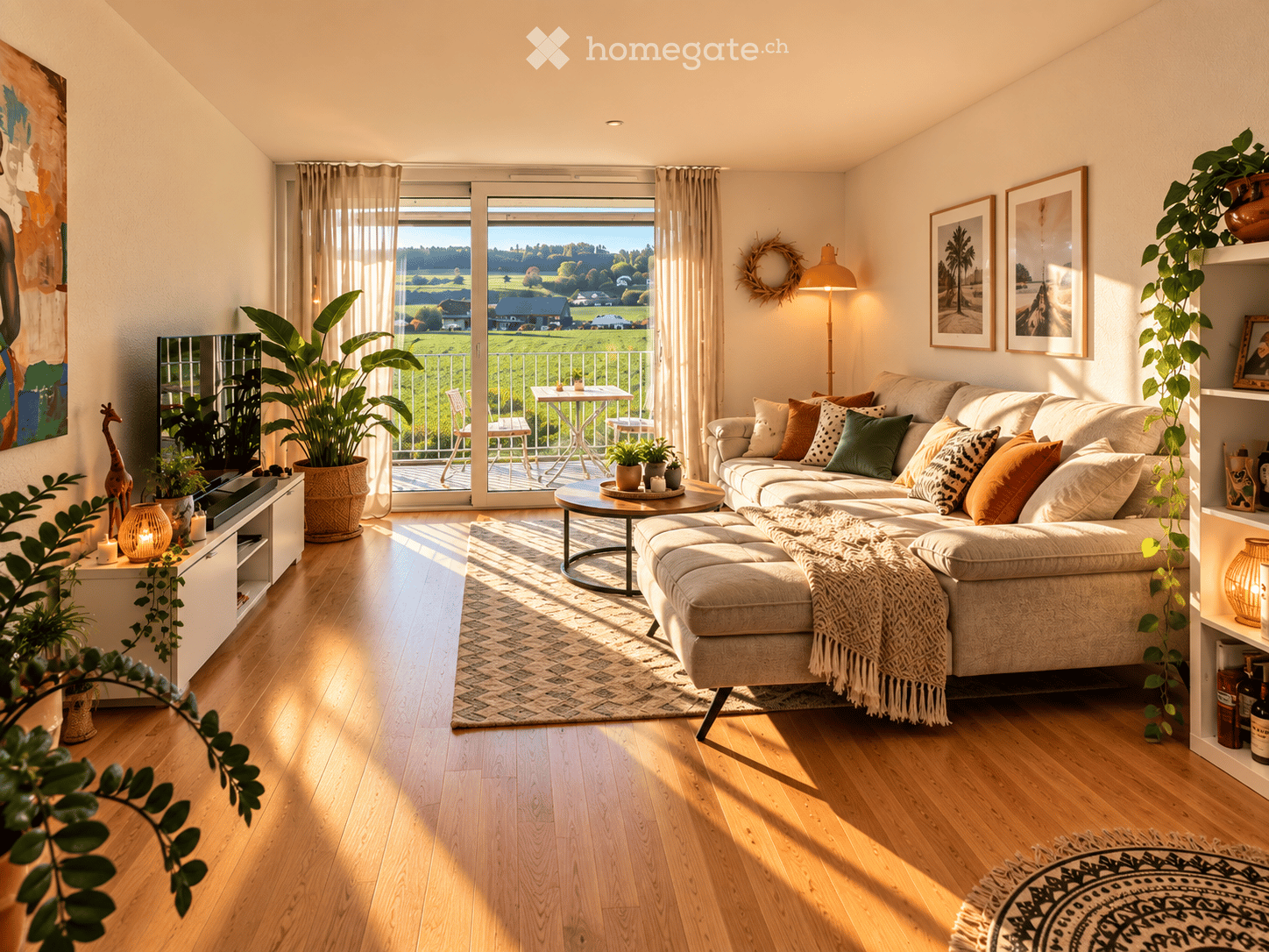 Bright living room with wooden flooring, large sectional sofa, coffee table, ottoman, floor lamp, and a view of a countryside landscape through large windows and sliding doors.
