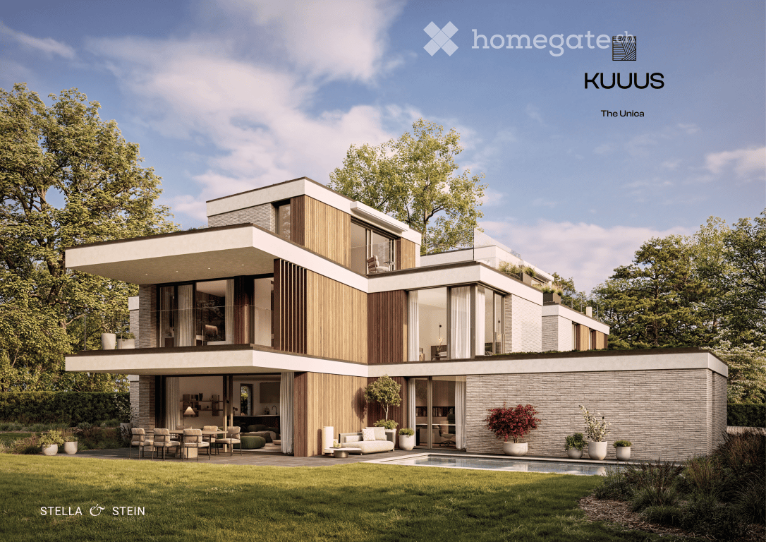 Modern two-story house with a flat roof, large windows, and a spacious outdoor area featuring a swimming pool, patio furniture, and potted plants.