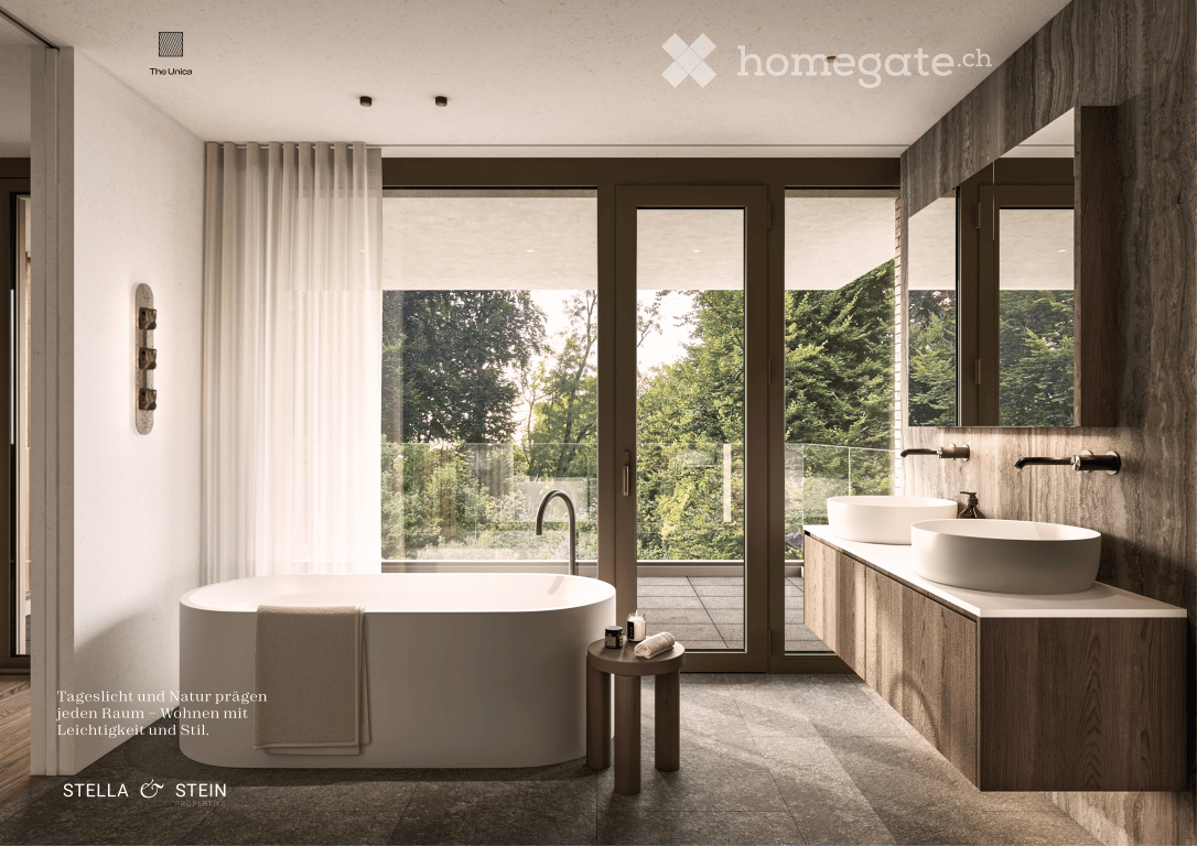 Modern bathroom with a freestanding bathtub, double sink vanity, large window with view, and a small stool beside the tub.