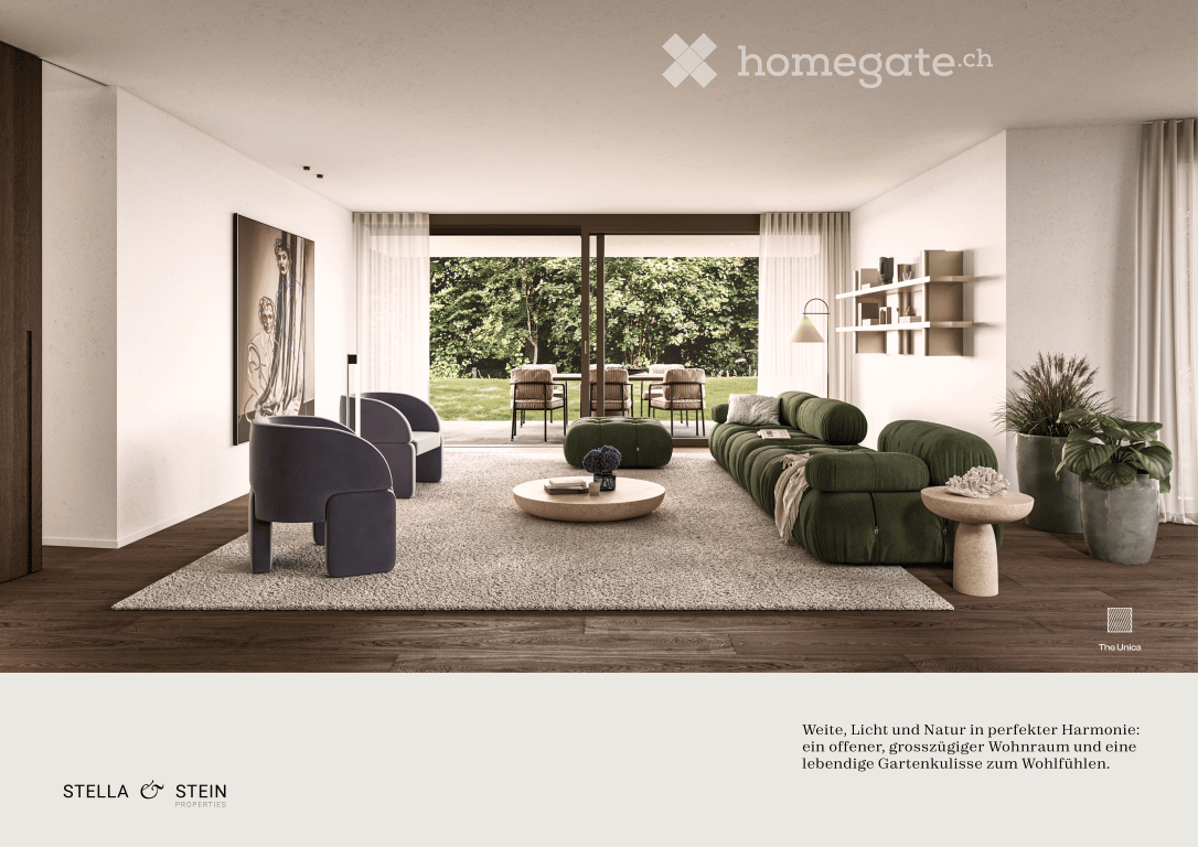 Modern living room with a large green sectional sofa, a round coffee table, armchairs, ottoman, floor lamp, dining area with chairs and table, shelves, plants, and artwork.