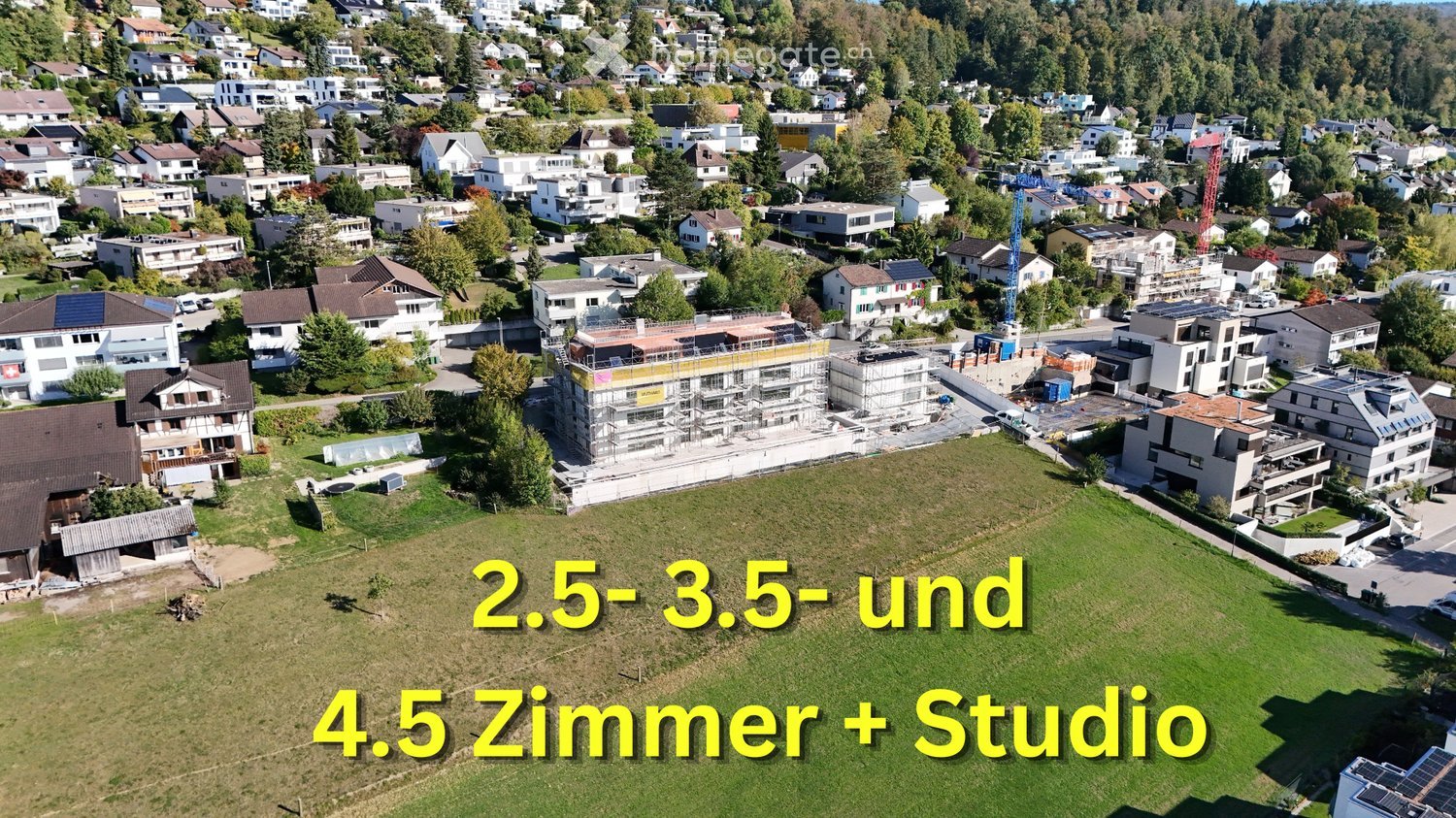 Aerial view of a suburban neighborhood with multiple residential buildings, green spaces, and ongoing construction in the center.
