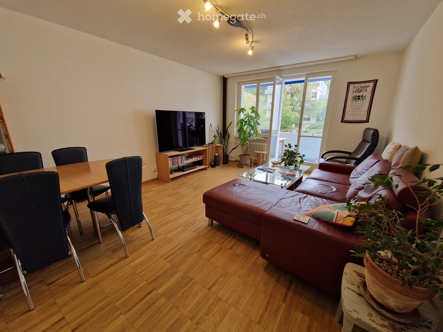 Living room with wooden flooring, a red leather sofa, a glass coffee table, a wooden dining table with chairs, a television on a stand, and several potted plants.