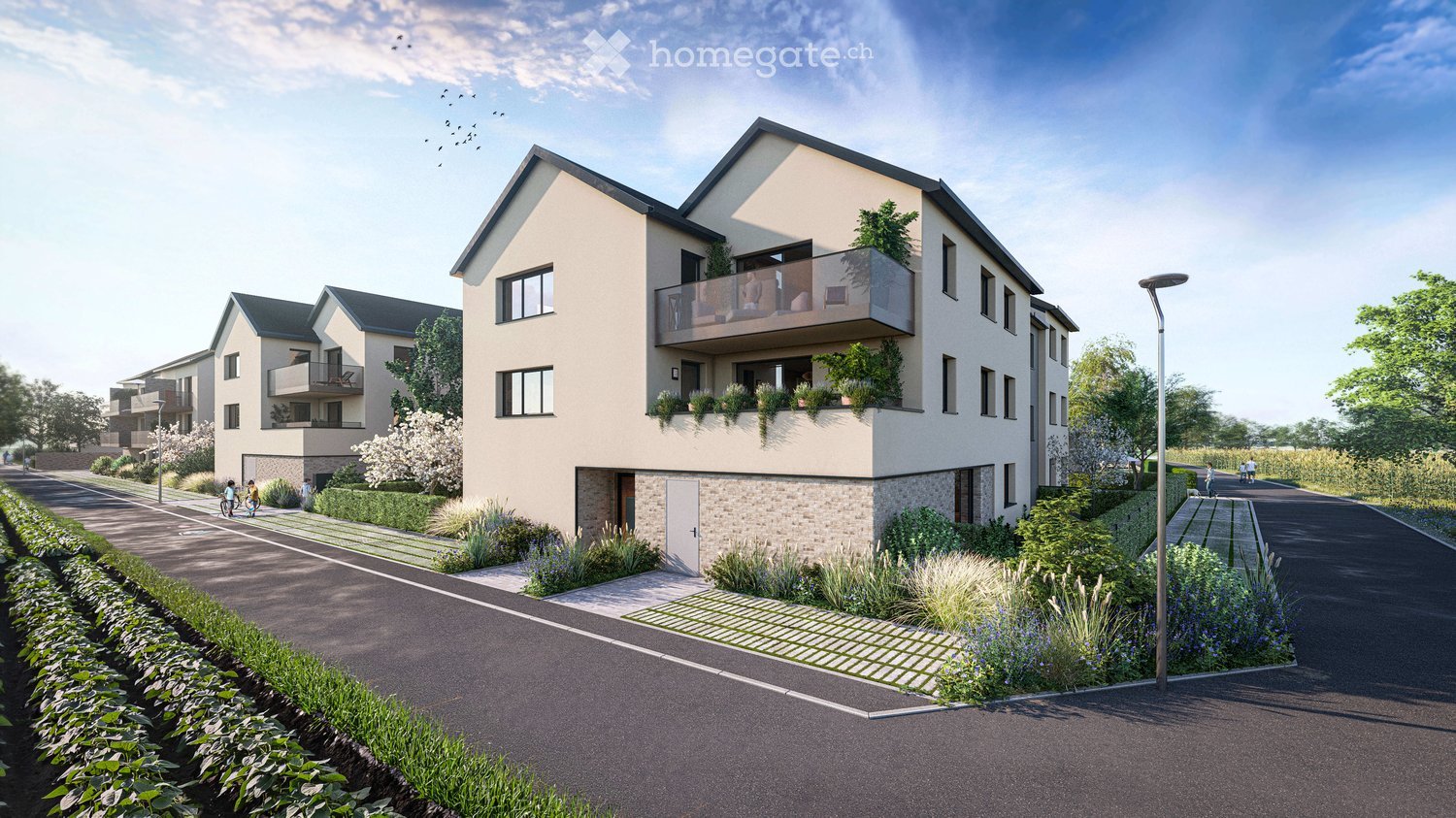 Modern multi-story residential building with balconies, surrounded by landscaped gardens and pathways.