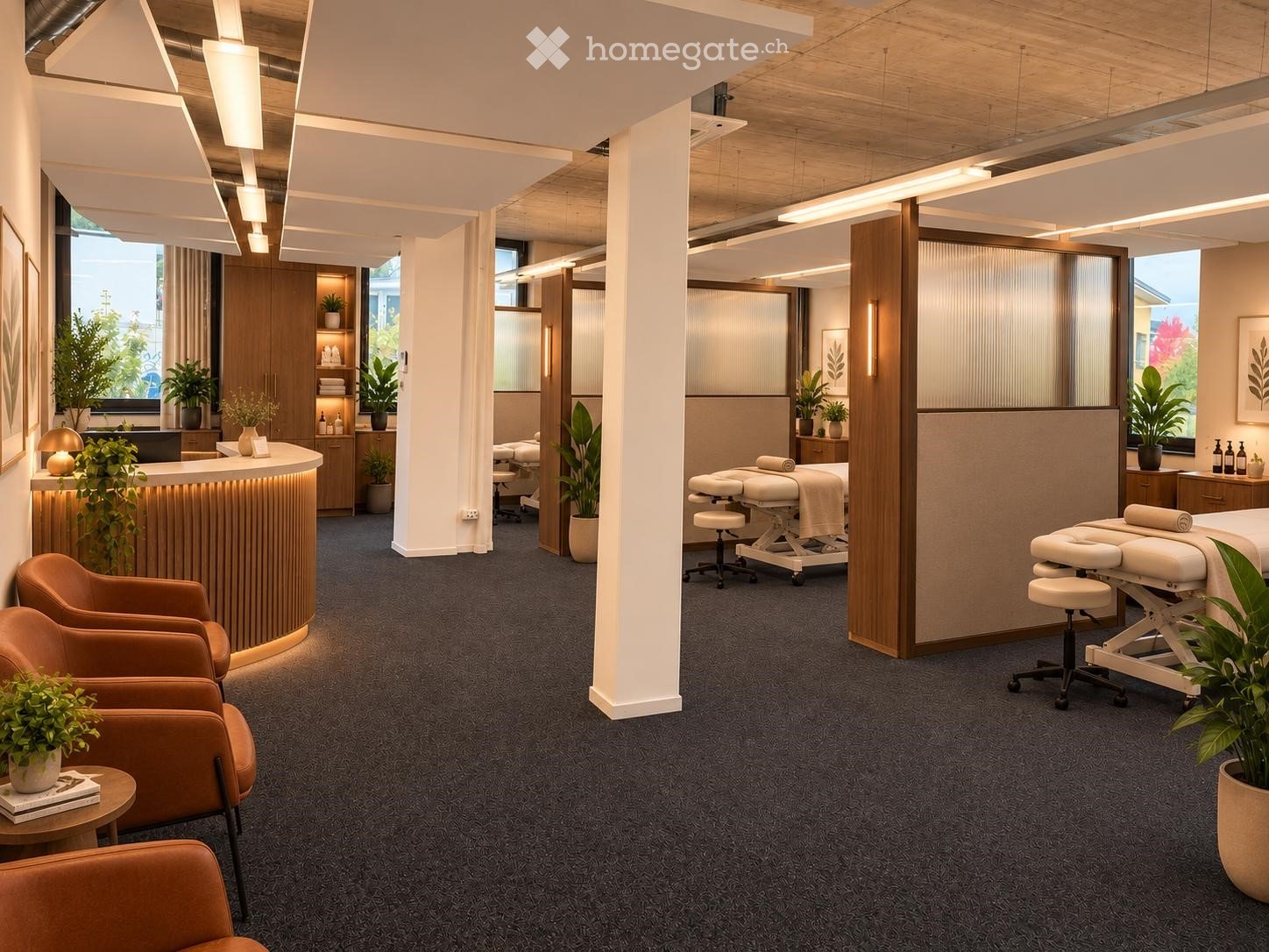 Modern spa reception area with reception desk, chairs, massage tables, potted plants, and artwork.