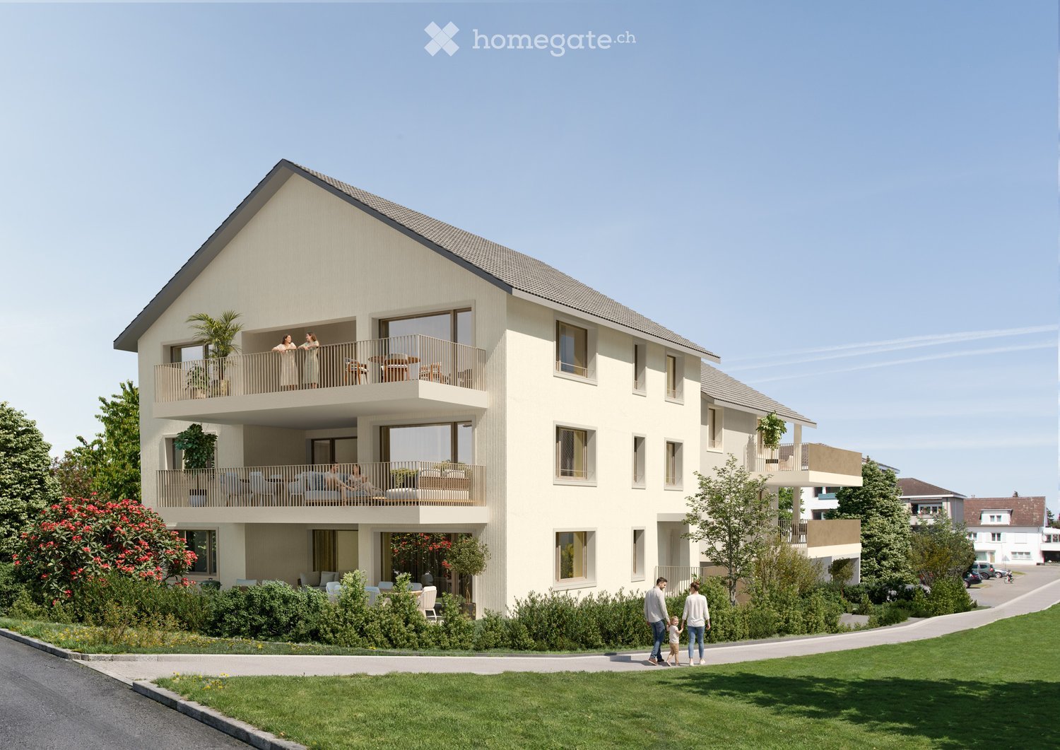 Modern two-story residential building with balconies, large windows, and surrounding greenery.