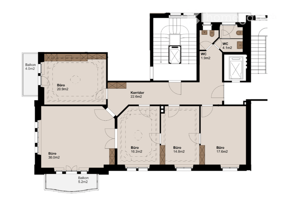 Floor plan showing a layout with multiple offices, a corridor, two bathrooms, and two balconies.